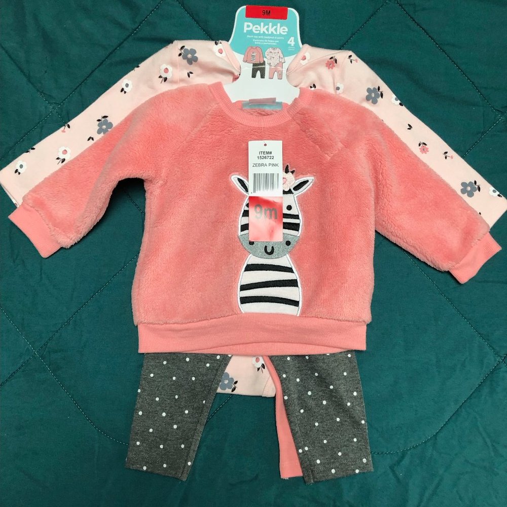 CARTER'S Pekkle infant 4 pc. set tops & pants - Zebra Pink motif - Size 9 mo NWT